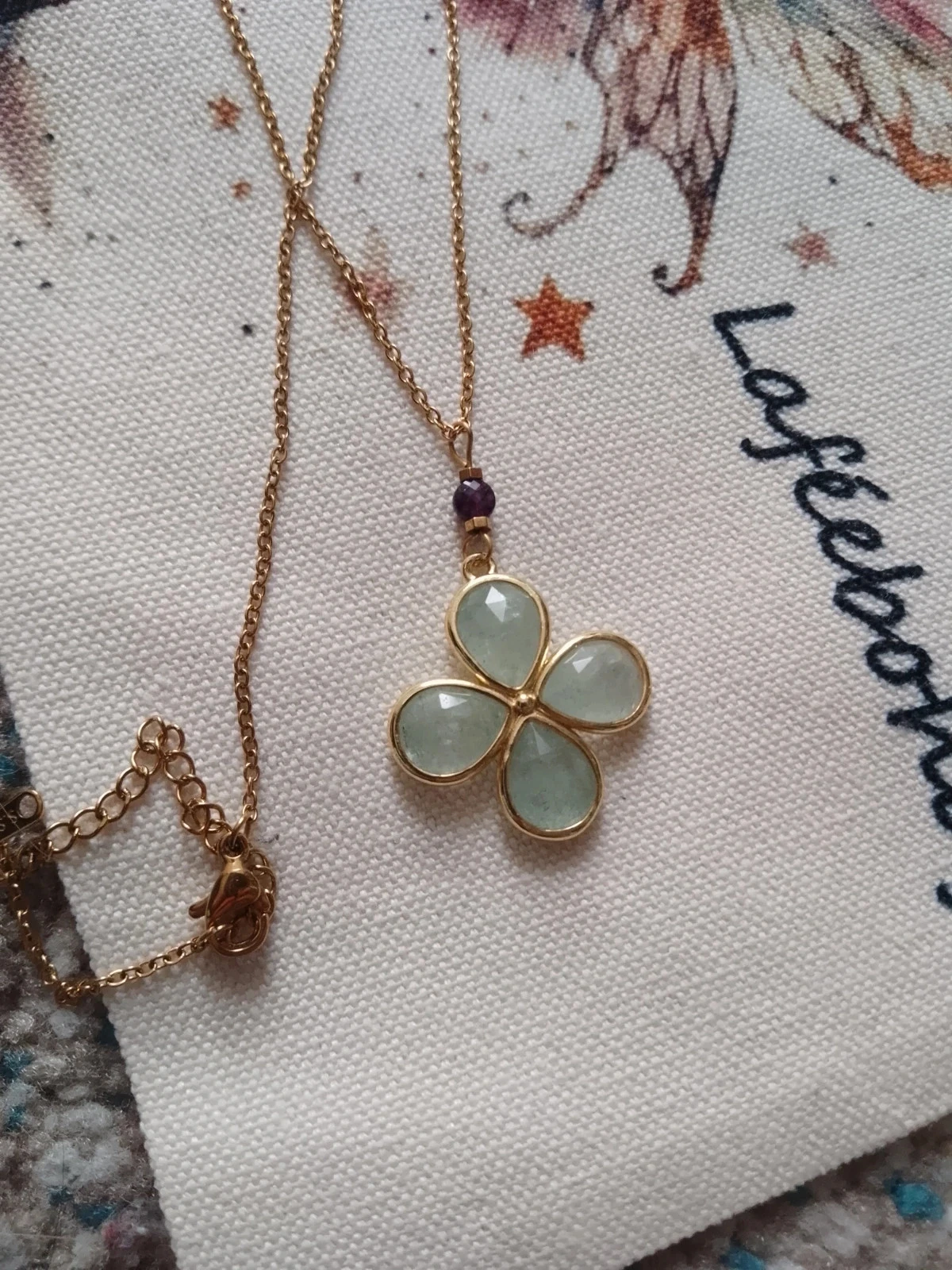 Collier fleur en pierres aventurine verte  et améthyste violette – photo 3